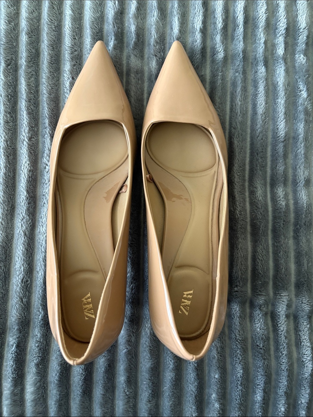 Zara Beige Patent Pointed-Toe Flats